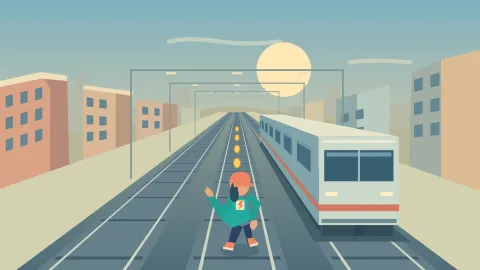 城市疾跑的三维轨道、列车与奔跑角色