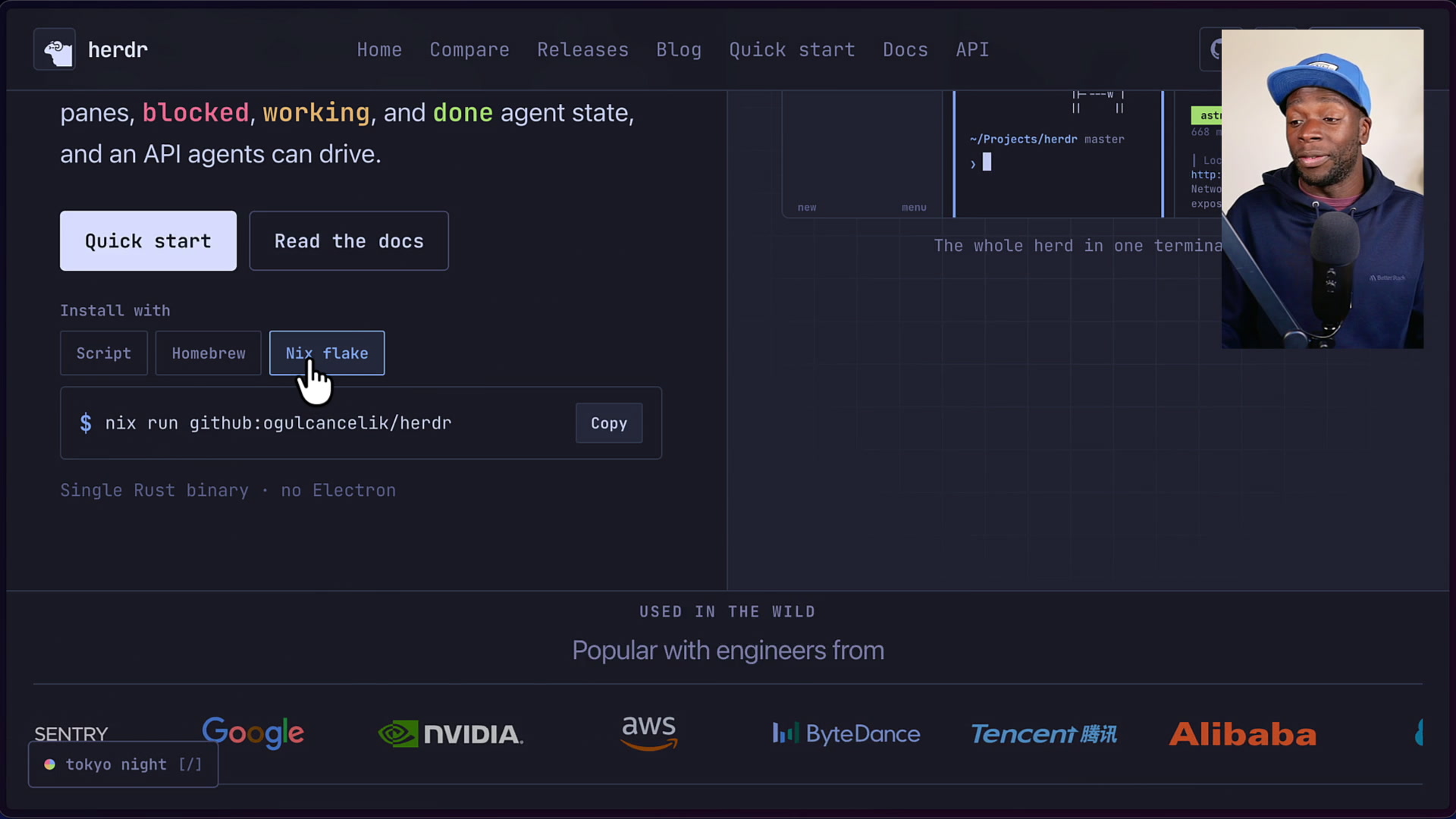 herdr 官网给出的三种安装方式:脚本 / Homebrew / Nix