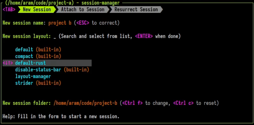 在 session-manager 中选择 default-rust 布局